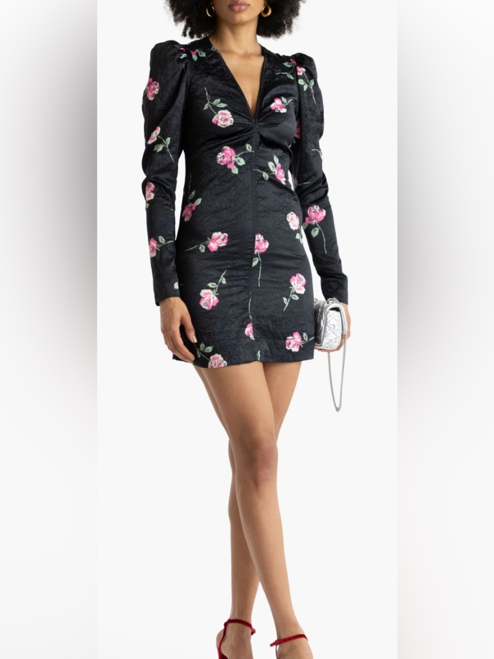 NWOT Ganni Black Rose Print V-Neck Ruched Long Sleeve Dress-8- MSRP $295